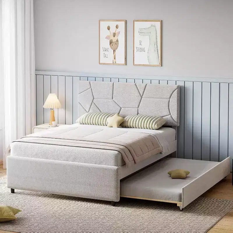 Acekool Upholstered Trundle Bed - Twin/Full Platform Frame with Pull-Out & Headboard