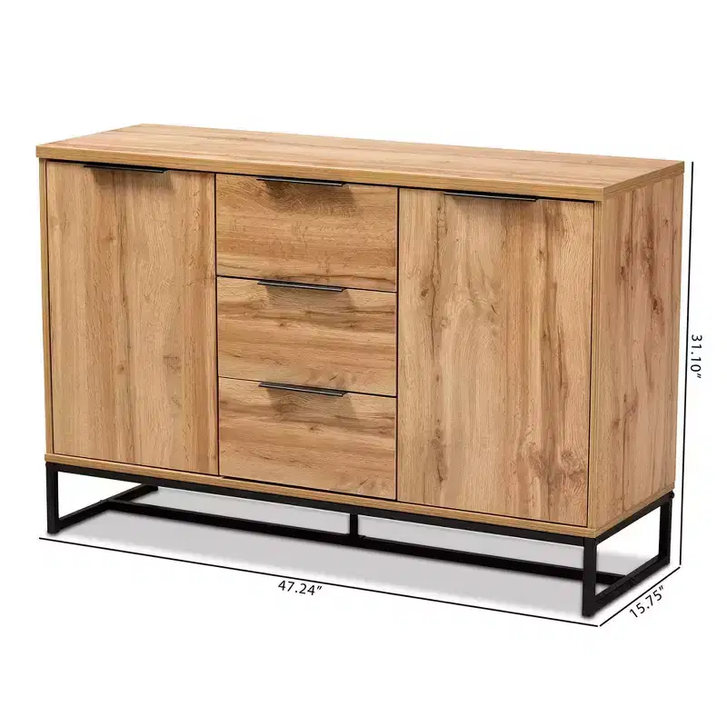 Reid Wood & Metal 3 Drawer Sideboard Buffet Oak/Black - Baxton Studio