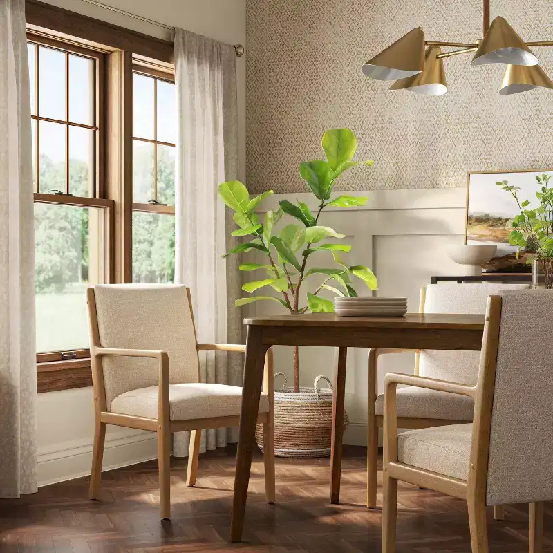 Wood Arm Dining Chair, Cream Upholstery with Natural Wood Frame, Set of 2