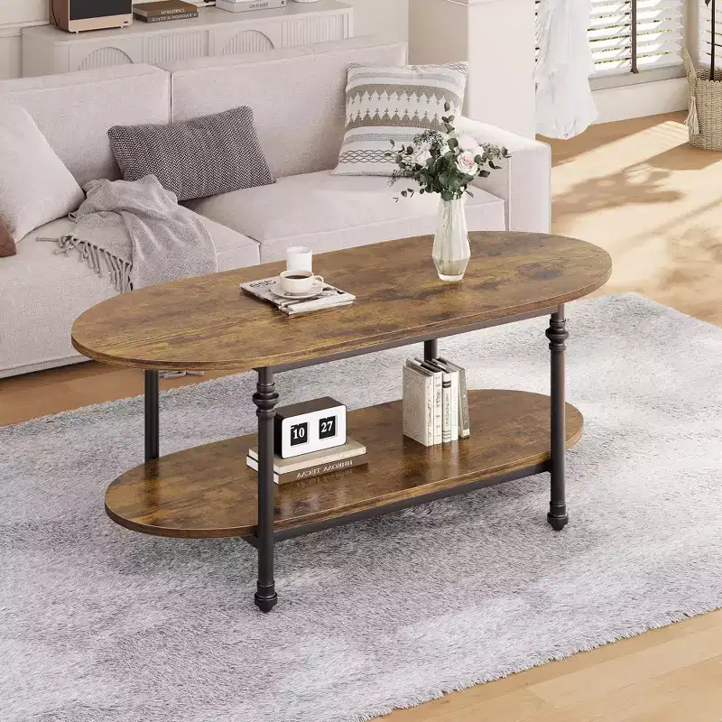 Industrial Coffee Table, 47.2 Inch Oval 2-Tier Center Table with Metal Frame & Open Storage, Modern Farmhouse Design for Living Room