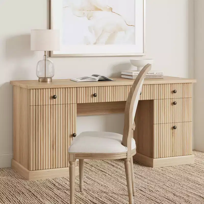 Fluted Home Office Desk Storage, 60 Modern Executive Desk with Charging Station, Wooden Computer Writing Desk with File Drawers for Study Room