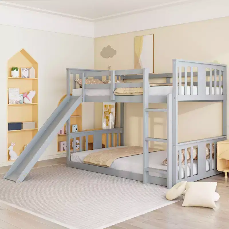 Bellemave Montessori Floor Bunk BedKids Bunk Beds with Guardrail Headboard and Footboard, Low Bunk Beds for Kids, Boys and Girls,Gray