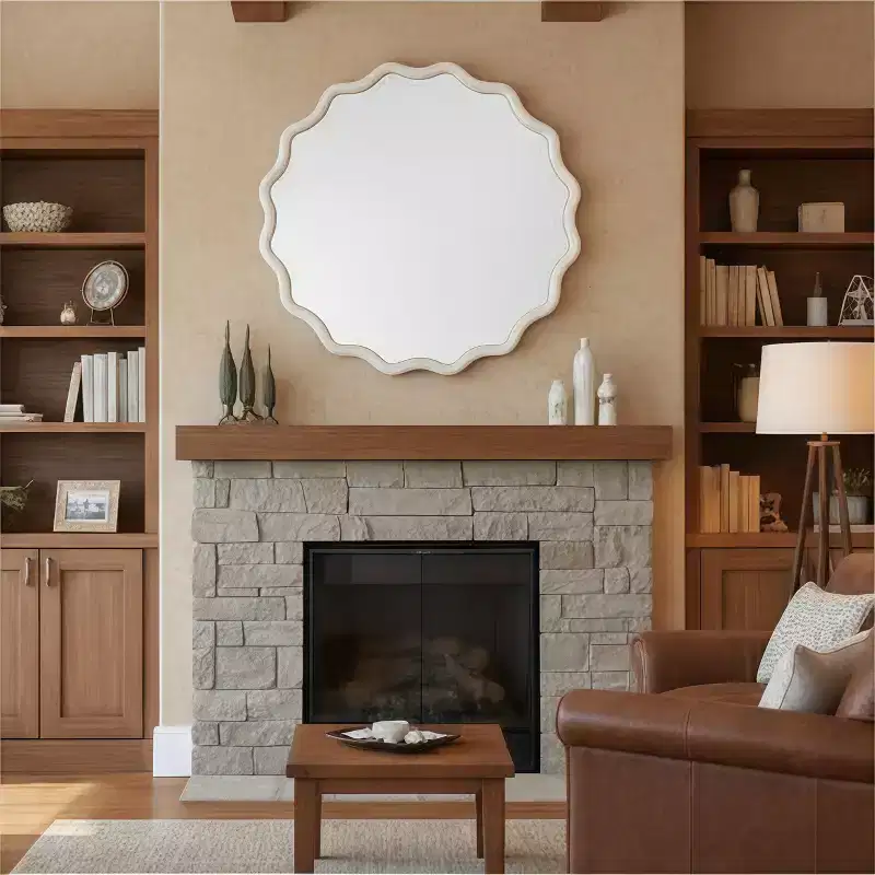 White 36 inch Wavy Round Solid Wood Frame Decorative Mirror,For Bedroom, Bathroom, Living Room, Entryway