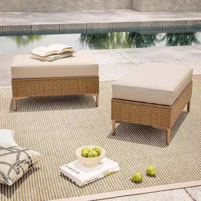 LAUSAINT HOME 2 Pieces Outdoor Patio Ottoman Set, Steel Frame & Storage Side Table Footrest,Rattan Seating for Garden, Balcony, Deck