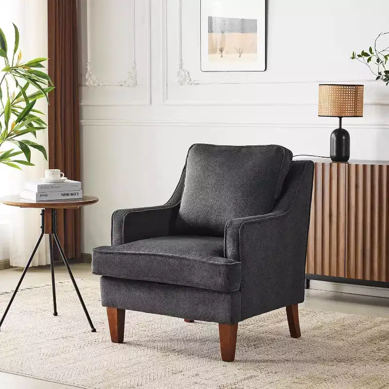 VINGLI Mid-Century Modern Accent Chair, Black Upholstered Armchair Comfy Sofa Chair Reading Chair