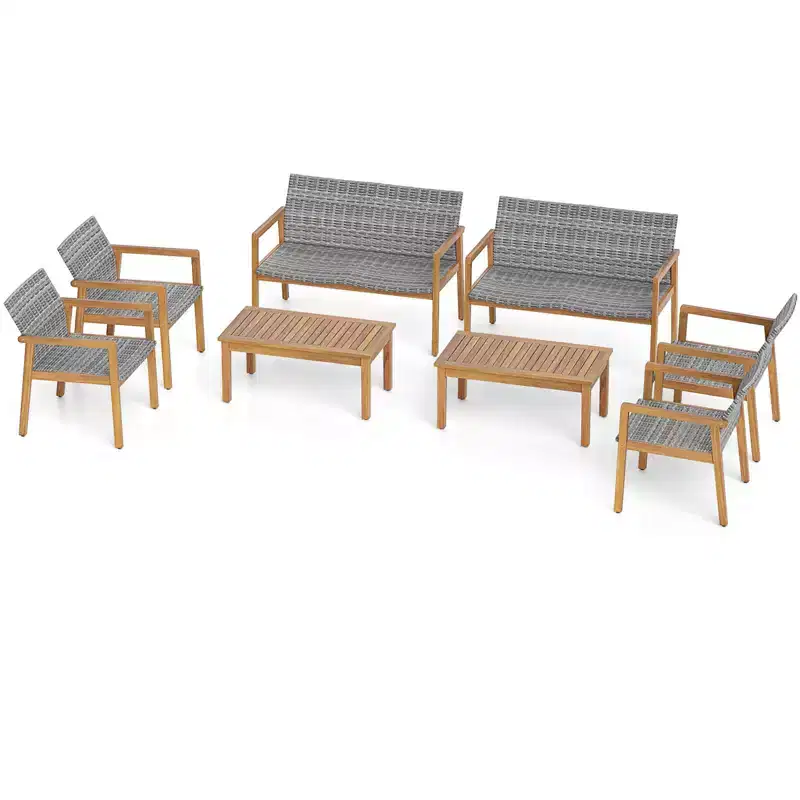 Costway 8 Pieces Outdoor Furniture Set, Acacia Wood Frame Sofa Set with Rattan Seat
