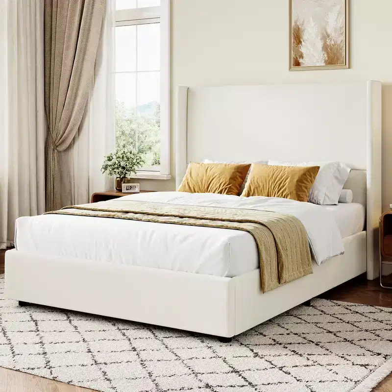 Dyonery Queen Bed Frame, Upholstered Platform Bed with 55.5 Tall Wingback Headboard, Solid Wooden Slats, Noise-Free Mattress Foundation