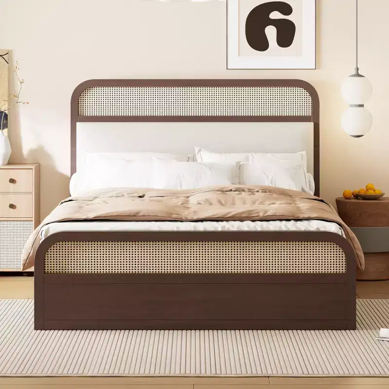 Queen Size Wooden Platform Bed with Trundle and 2 Drawers, Rattan Accents