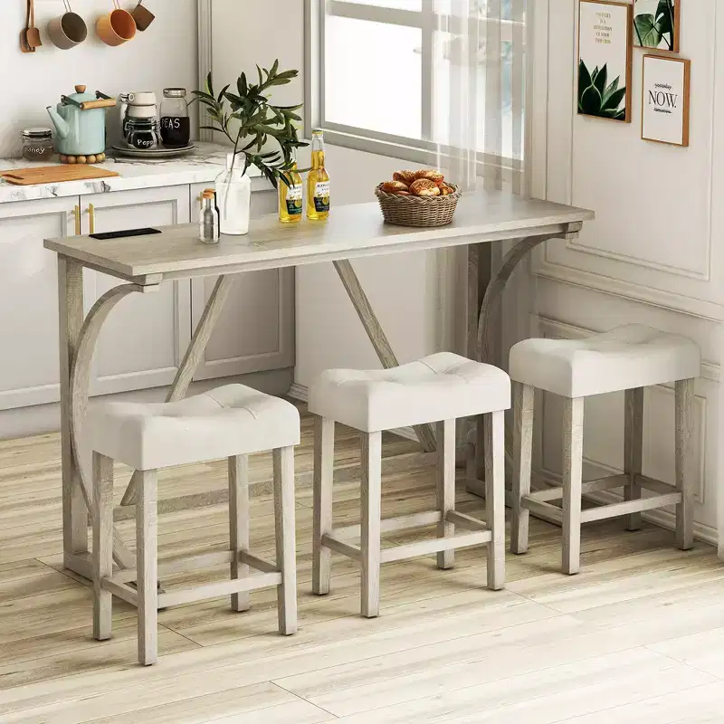 Costway 4-Piece Bar Table Set w/ Power Outlet Counter Height Bistro Table and Stools