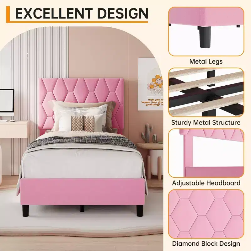 Bed Frame with Upholstered Headboard ,No Box Spring Needed, Noise Free, Easy Assembly, Pink