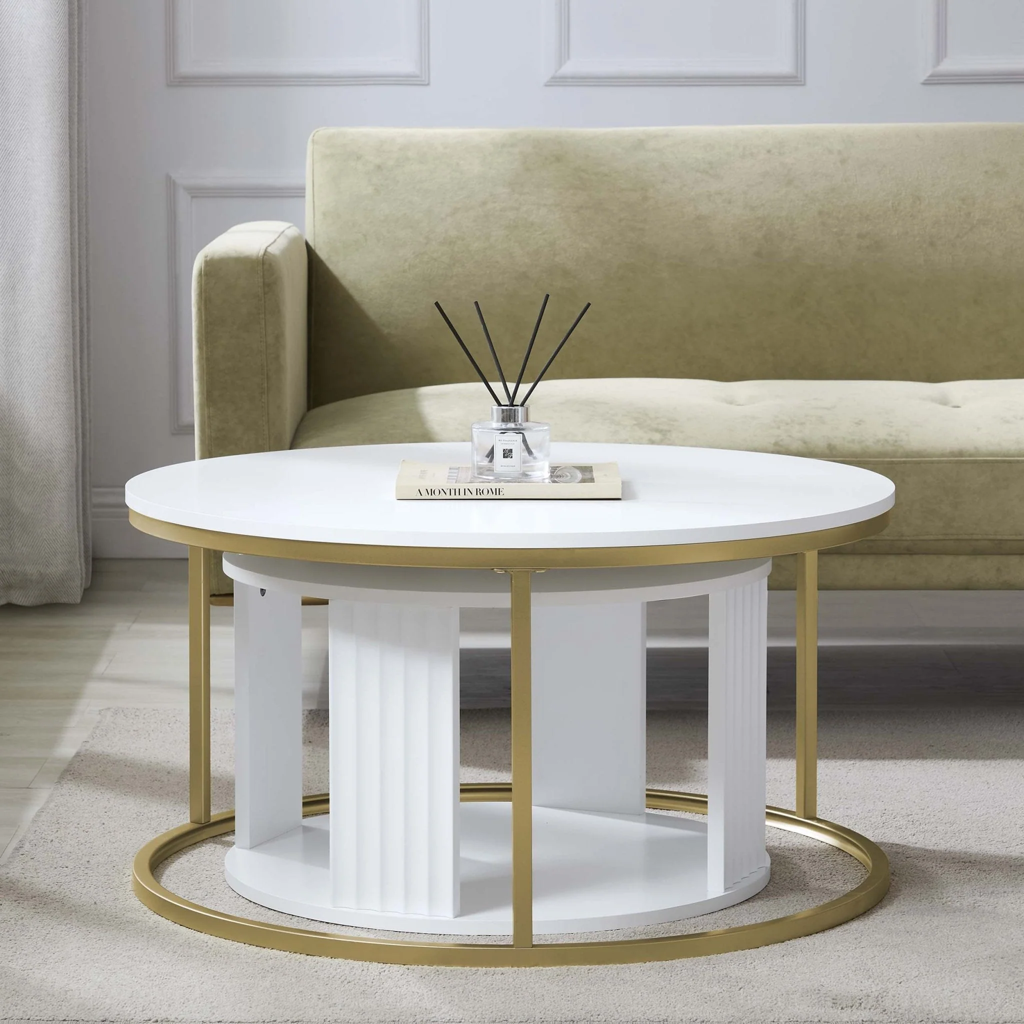 Modern Warm White Painted Coffee Table with Gold Accents for Living Room