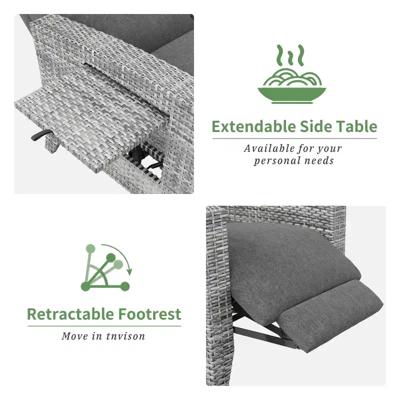 Wicker Recliner Chair with Adjustable Back & Footrest,150 Lay Flat Rattan Reclining Patio Chair with Extendable Side Table & Air Pump