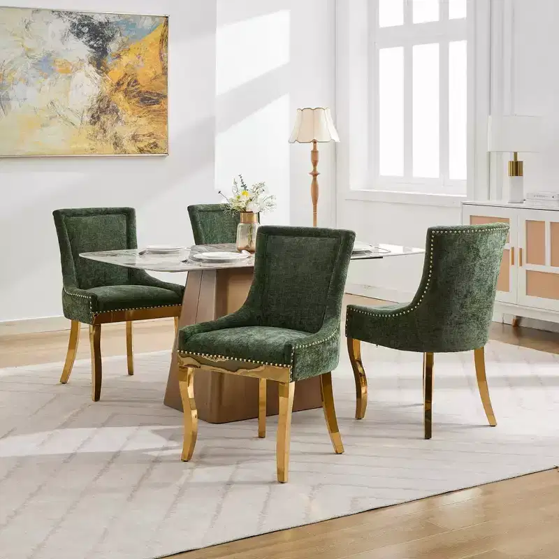 Okak Modern Chenille Dining Chairs Set of 2, Comfy Fabric Chairs with Thick Upholstered, Accent Chairs with Gold - Plated Legs Rivet Trim