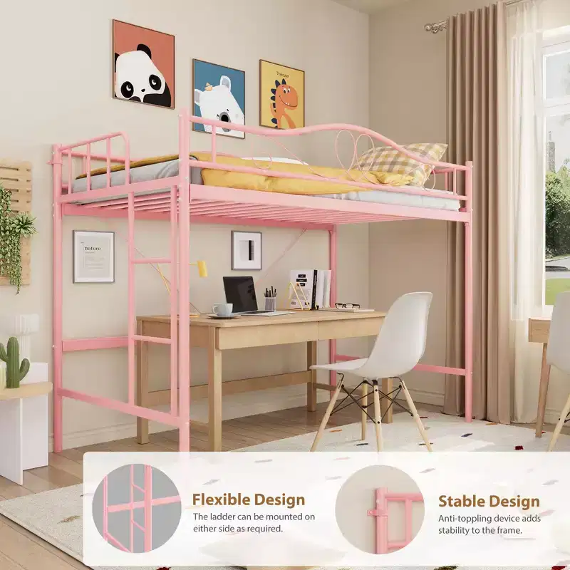 Single loft bed  Heavy-duty metal frame, removable ladder, full-length safety rails, 400 lbs weight capacity, no mattress base required