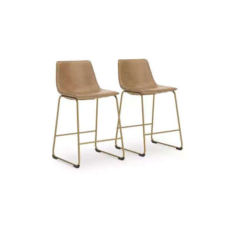 Signature Design by Ashley Lexadine Counter Height Bar Stools, Set of 2  Upholstered Faux Leather, Toast/Gold Finish, Modern Bucket Seat