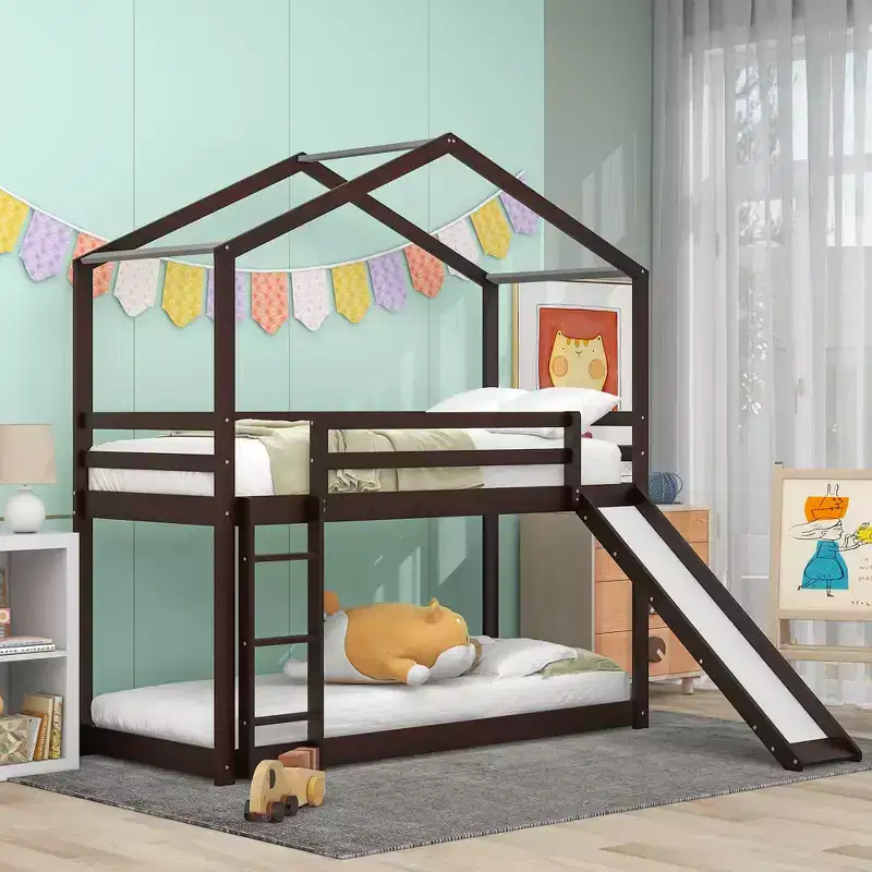 Wood House Bunk Bed Twin over Twin with Roof, Low Bunk Beds with Slide and Ladder