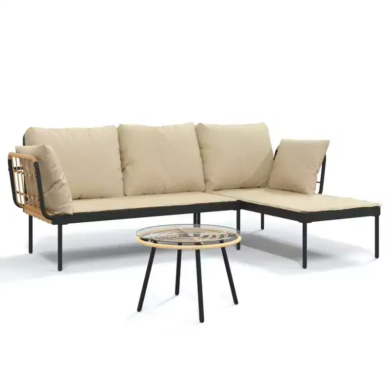 vidaXL Patio Lounge Set with Cushions Table and Sofas 3 Piece Poly Rattan