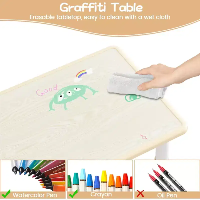 Kids Table and Chair Set, Children Activity Desk w/Easy Wipe Graffiti Desktop & Non-Slip Legs, Height Adjustable Toddler Table & 4 Chairs Set