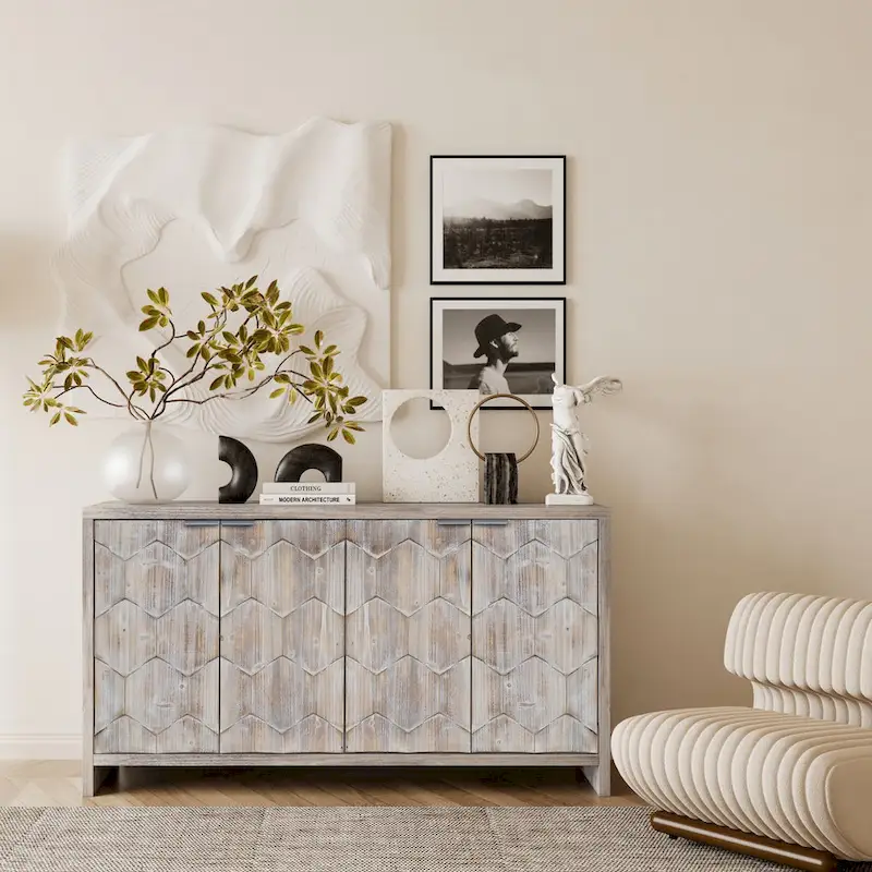 Farmhouse Style 4 Door Wooden Sideboar for Living Room