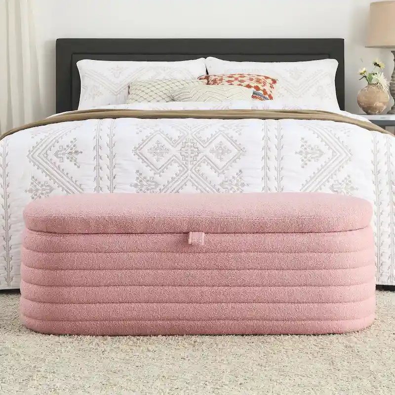 Teddy Fabric Upholstered Storage Bench End of Bed Stool with Safety Hinge
