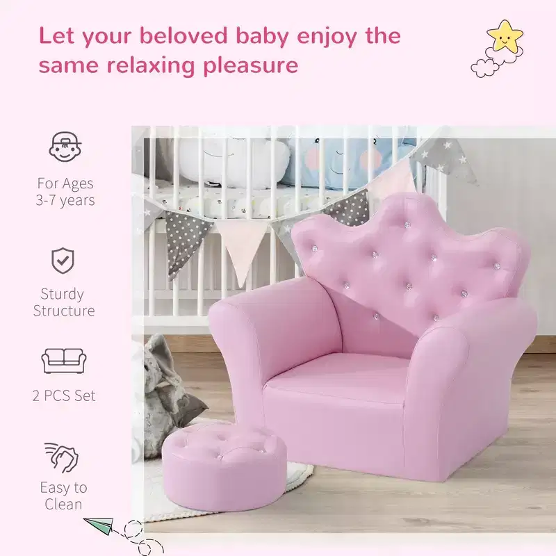 Kids Princess Sofa Chair with Crown Backrest and Matching Footstool Pink
