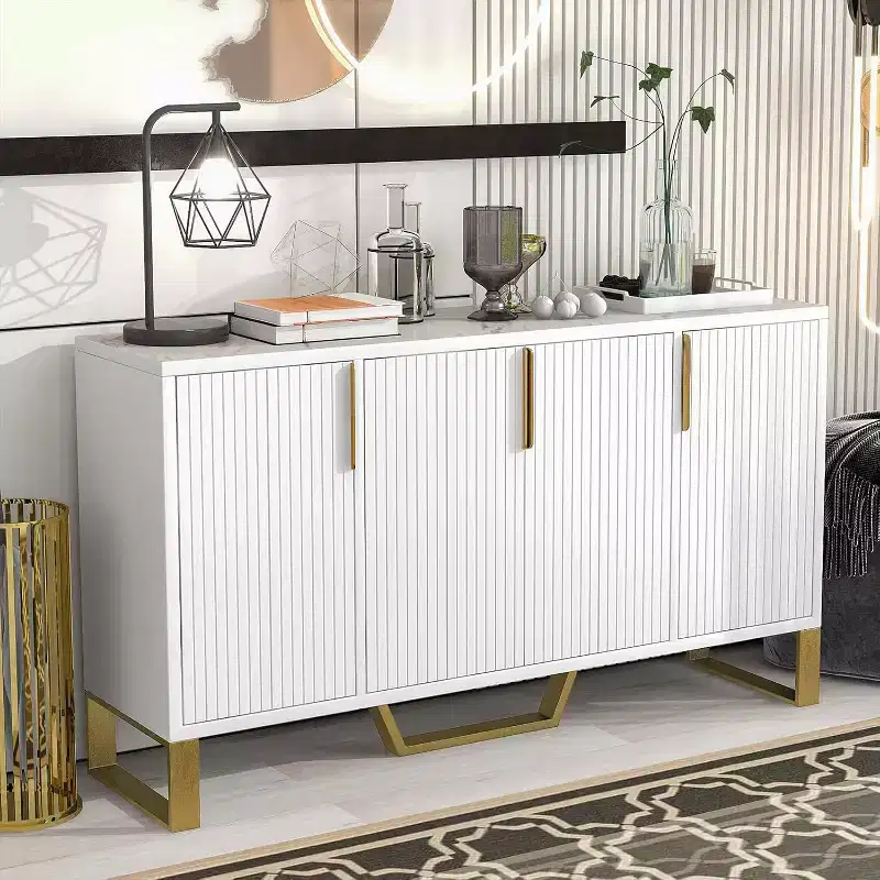 Buffet Sideboard Storage Cabinet 60inch Coffee Bar Console Table with Adjustable Shelf, 4 Doors, White