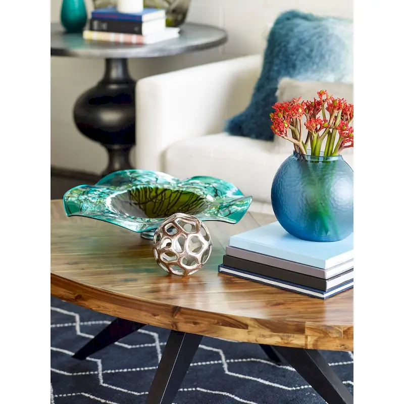 Oval Rustic Acacia Wood Coffee Table with Tripod Legs