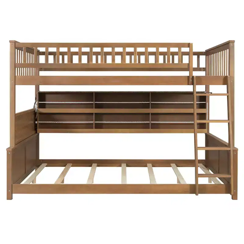 Full Xl Over Queen Low Bunk Bed With Built In Lighted Shelves And Pegboard
