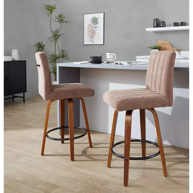LumiSource Set of 2 Hank Counter Height Barstools Walnut Wood/Brown Fabric