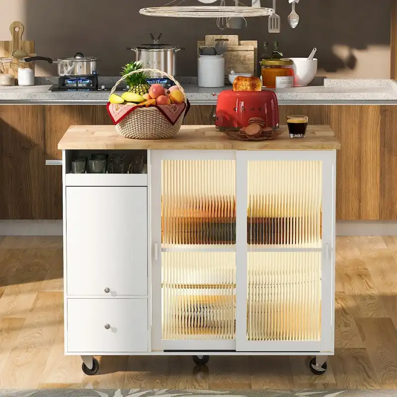 LED Light Kitchen Cart with Drop Leaf and Adjustable Shelf