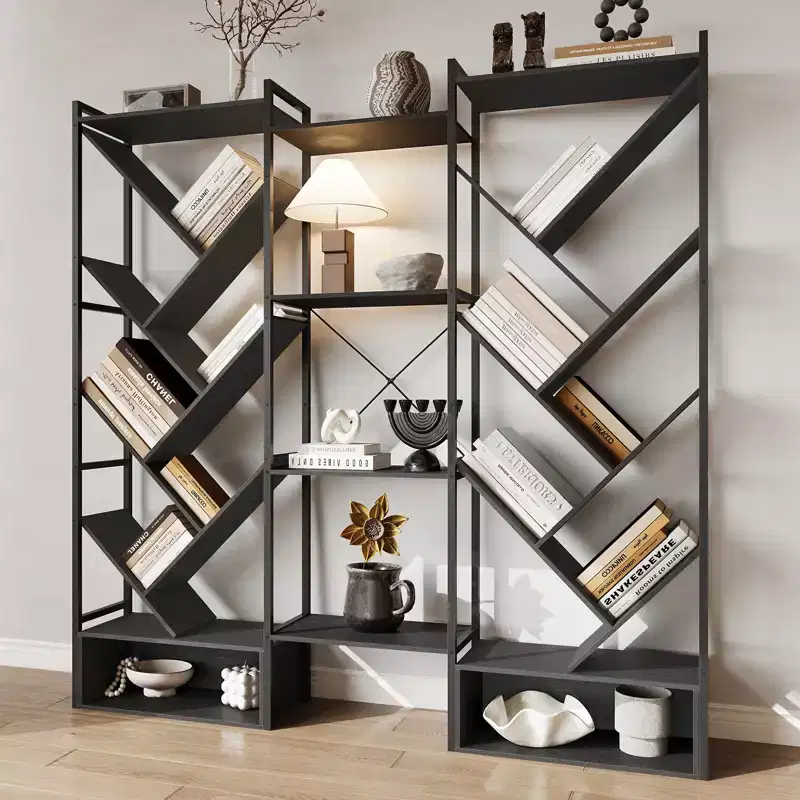 COZONY Triple 6-Tier Bookshelf, Industrial Tree Design with 24 Open Shelves, Wood and Metal Display Bookcase for Living Room Home Office