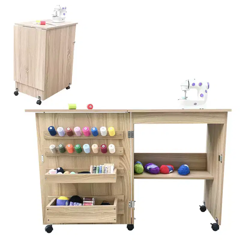 Folding Sewing Machine Table with Lockable Wheels, Storage Shelves, Trays & Magnetic Locks