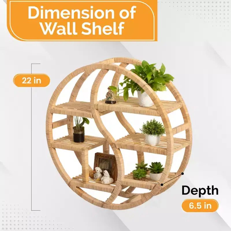 Vintiquewise Round Bamboo Wall Shelf with 3-Tier Wooden Display, Boho Circle Hanging Shelf for Living Room, Bedroom & Home Decor