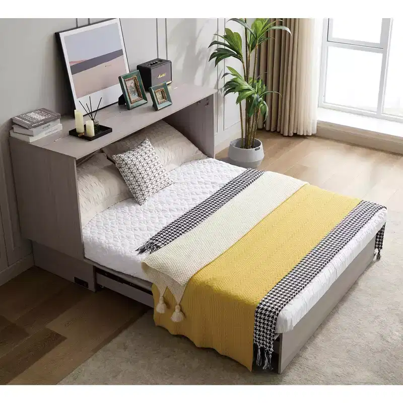 GDFStudio Enlor Modern Wooden Murphy Bed Chest with Folding Foam Mattress, Charging Station and Storage Drawers