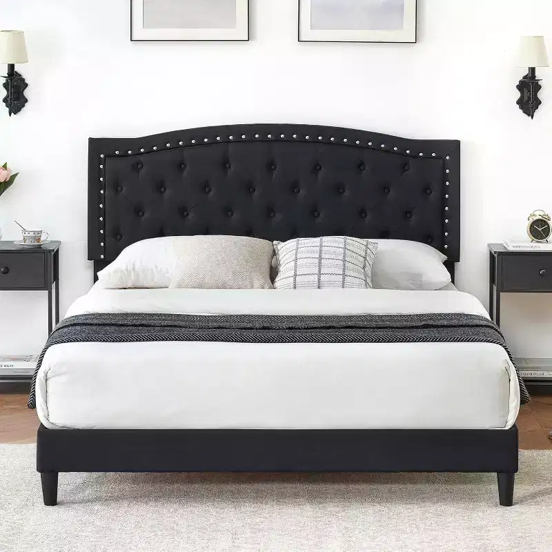 Full Size Bed Frame, Velvet Upholstered Bed Frame, with Adjustable Headboard, Wood Slat Support, Noise-free, No Box Spring Needed, Dark Gray