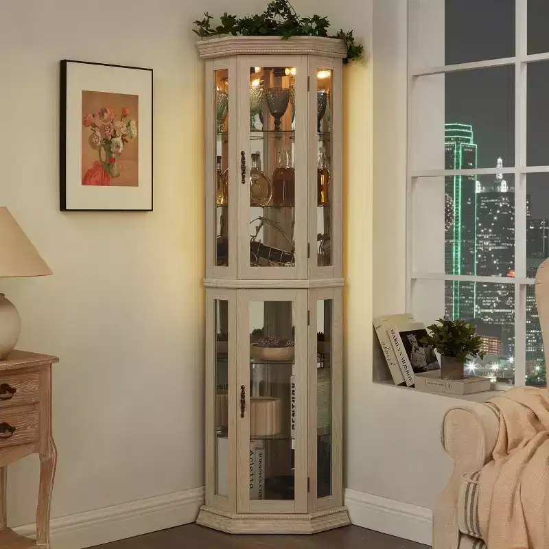 Living Room Corner Cabinet +Tempered Glass Adjustable Shelves Space-Saving