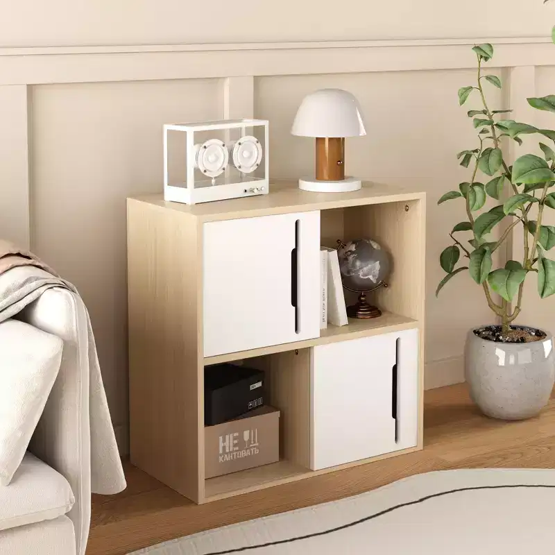 Modern Wooden Storage Cabinet with Sliding Doors,2-Tier Open and Closed Shelves Organizer,Natural Wood Finish with White Panels,for Living Room