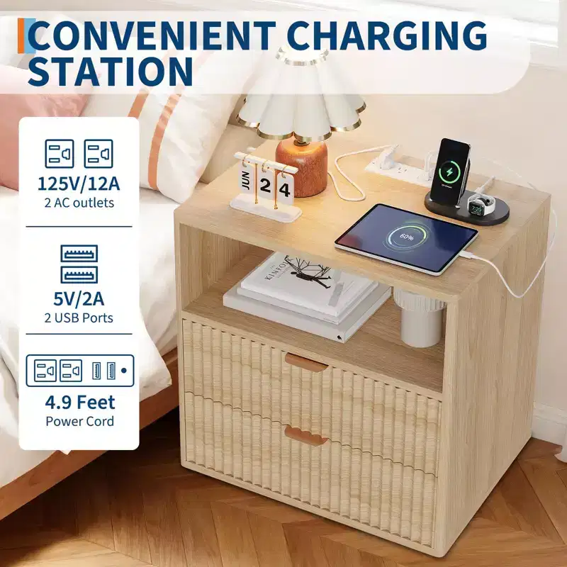 Oak-1 23 Fluted Nightstand C Mid-Century Modern Bedside Table with Charging Station & 2 Drawers