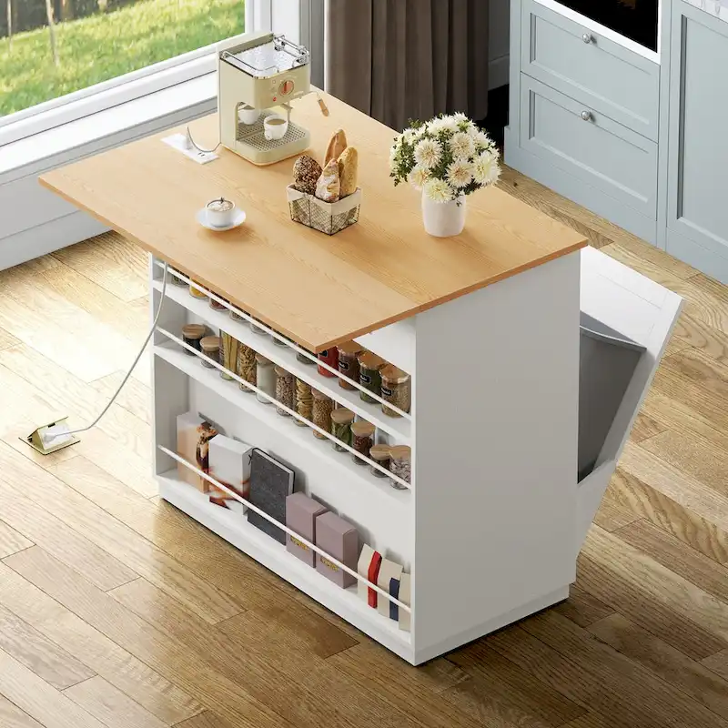 Kitchen Island Drop Leaf with Double Tilt Out Trash Cabinet