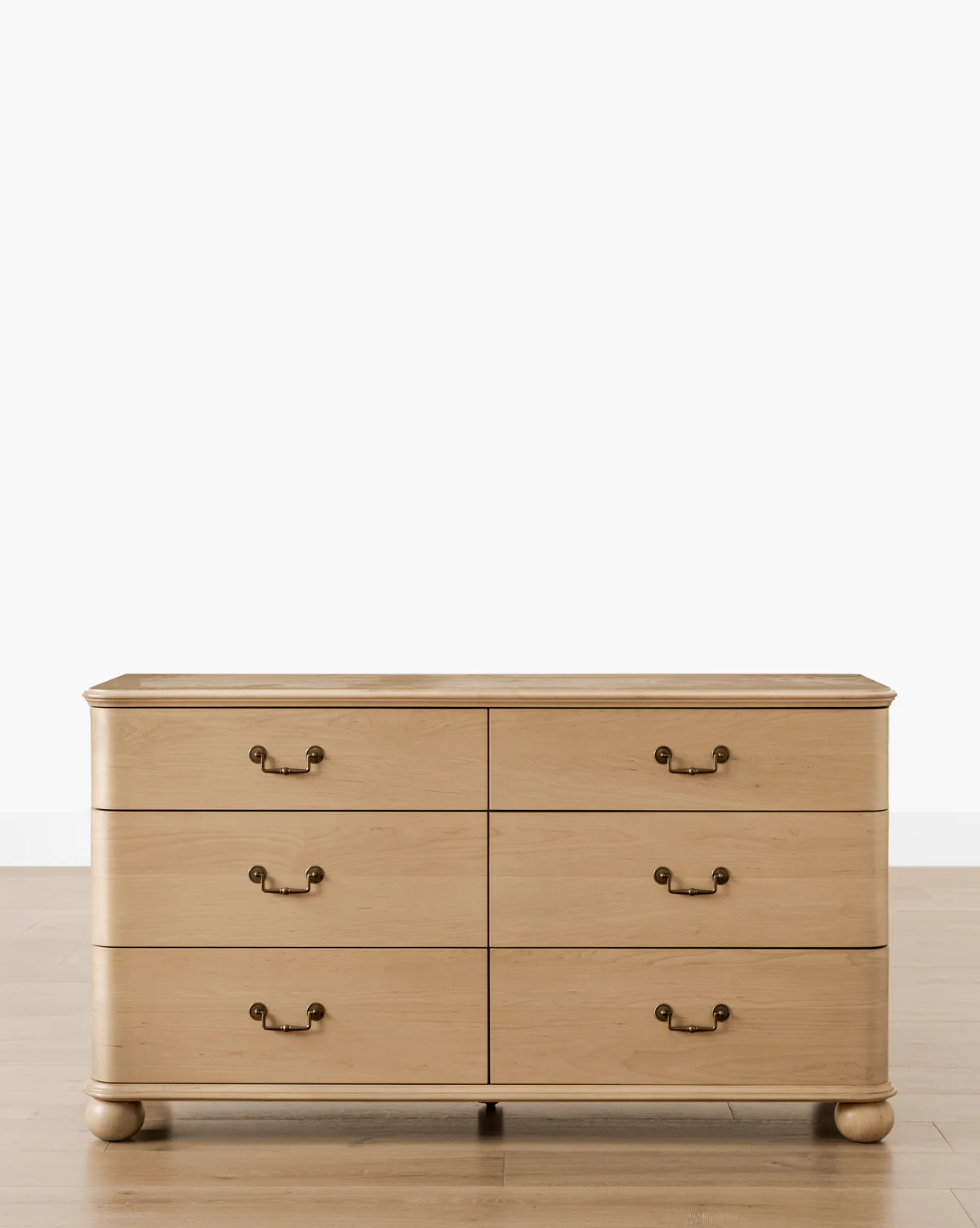Classic Light Wood Dresser with Brass Hardware & Bun Feet for Bedroom