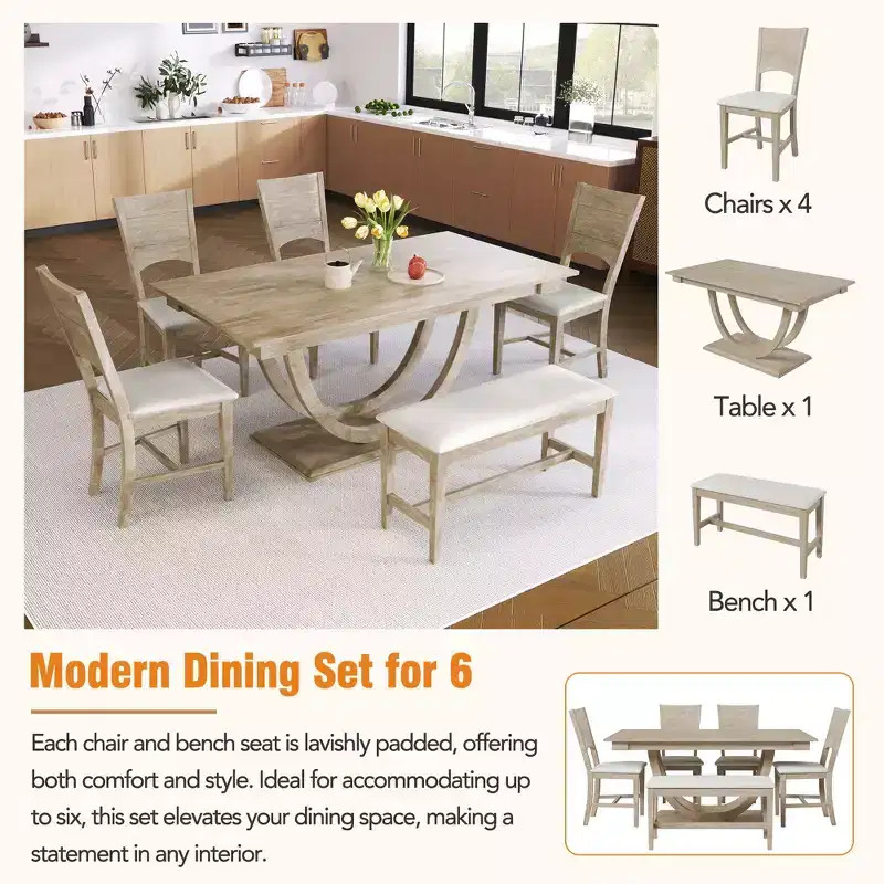 GDFStudio Timo 6 Piece Rubbewood Dinnig Set with Half Round Dining Table, Bench and 4 Chairs