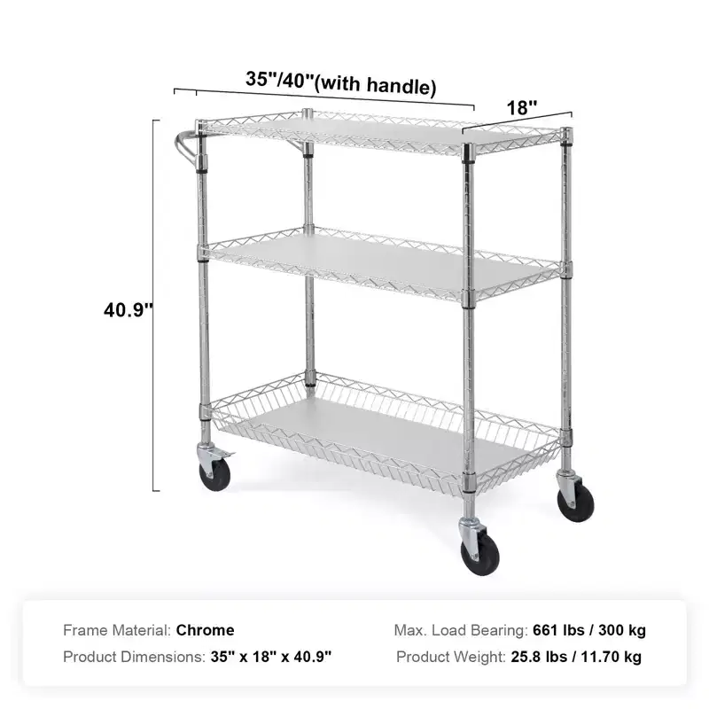 3-Tier Wire Rolling Kitchen Utility Cart, 661LBS Capacity, Curved Handle, PP Liner & 6 Hooks