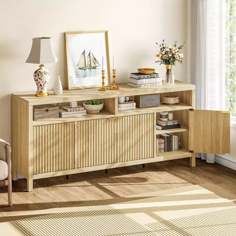 65-Inch Fluted Storage Cabinet with Adjustable Shelves and Gold Handles