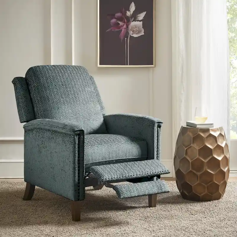 High-Back Push-Back Recliner Chair with Nailhead Trim – Grey, 1-Person Use