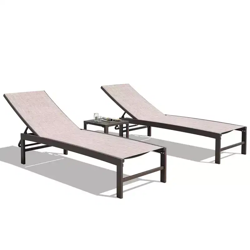 Crestlive Products 3 pcs Metal Frame Patio Outdoor Chaise Lounge Chairs and Side Table Set