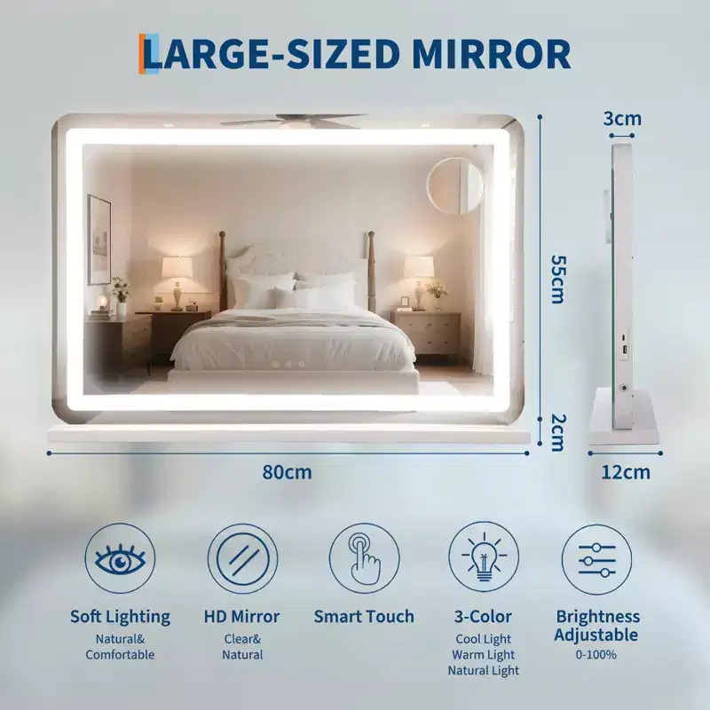 Makeup Vanity Mirror 30x20 Large LED Mirror, Desk Mirorr with Lights, Light up Mirror with 10X Magnification and, Dimmable 3 Modes, Touch Control