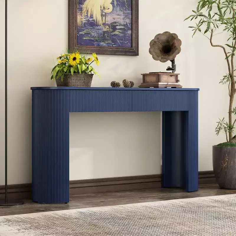 54IN Modern Console Table with Fluted Design, Entryway Table with 2 Storage Drawers and Oval Top, Accent Table for Hallway, Living Room, Navy