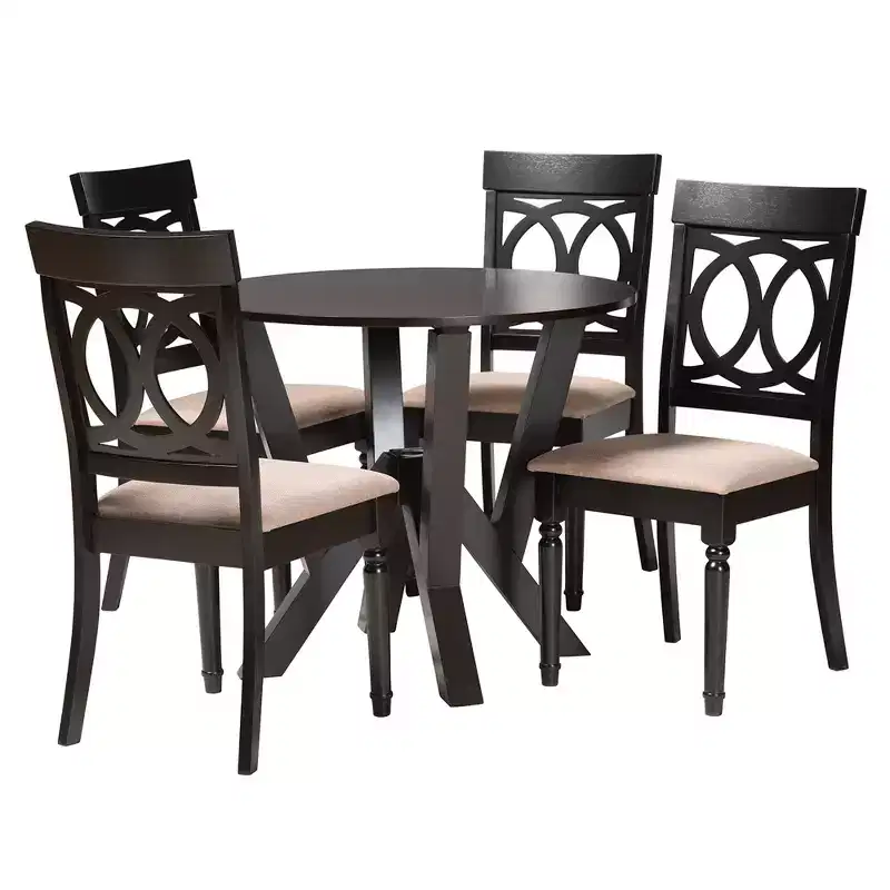 5-Piece Round Dining Set 4 Upholstered Chairs Rubberwood Cut-Out Back Foam Padded Seats