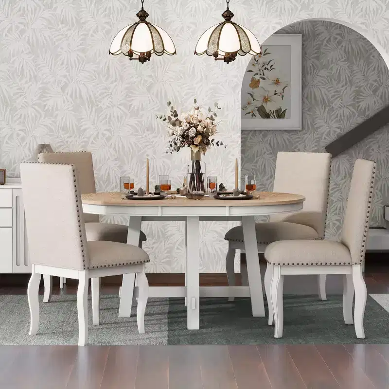 Whisen 5-Piece Farmhouse Dining Table Set with Extendable Dining Table and 4 Upholstered Dining Chairs