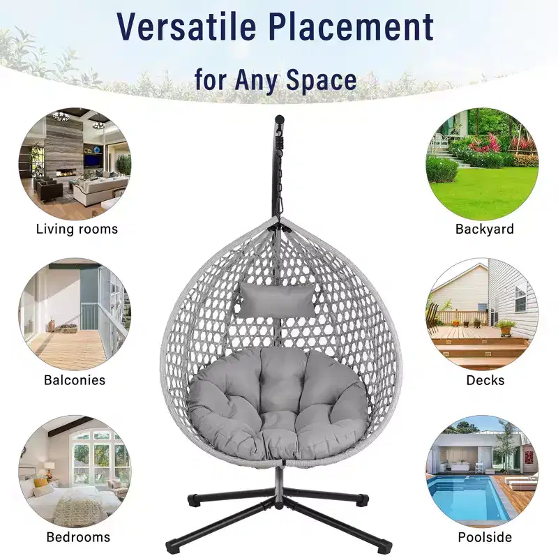 GDFStudio Anderson Hanging Egg Rattan Chair with Stand and Soft Removable Cushion
